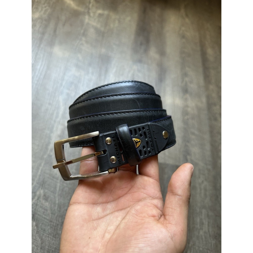 Michael Toschi Black Leather Belt Black Perforated Rubber Section 40 EXCELLENT